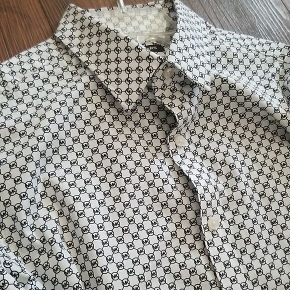 Michael Kors Slim Fit Monogram Allover MK Long Sleeve Shirt Sz Large - Picture 6 of 8